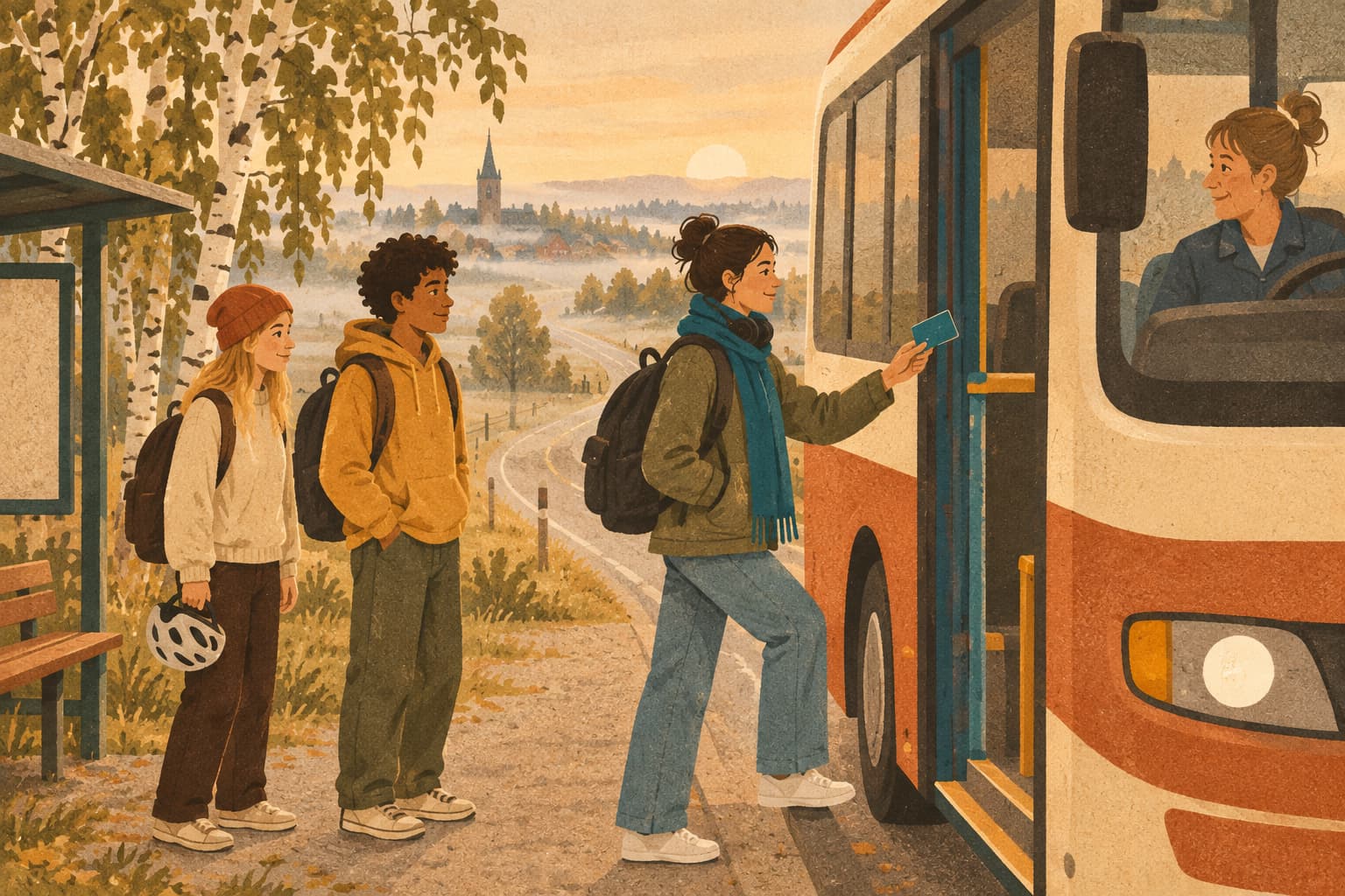 En gymnasieelev med ryggsäck kliver på en regionbuss en tidig morgon och visar sitt busskort för chauffören. Två andra elever väntar på tur.
