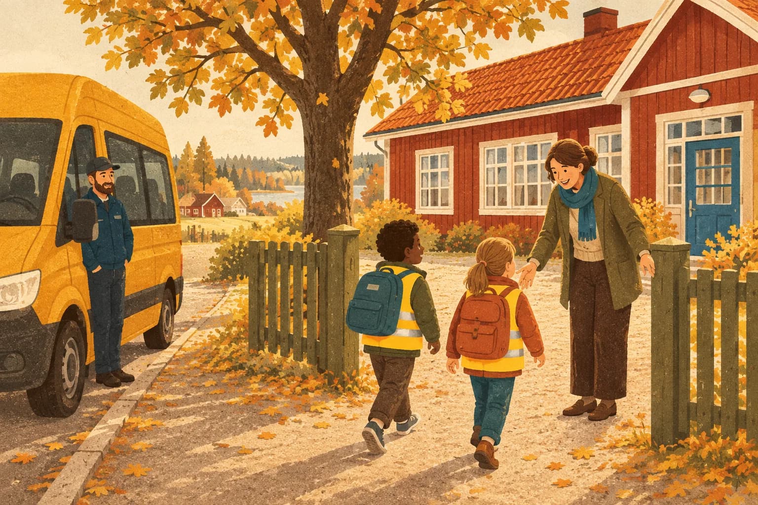Två barn i reflexvästar går från skolskjutsen mot en lärare som tar emot dem vid skolgrinden.
