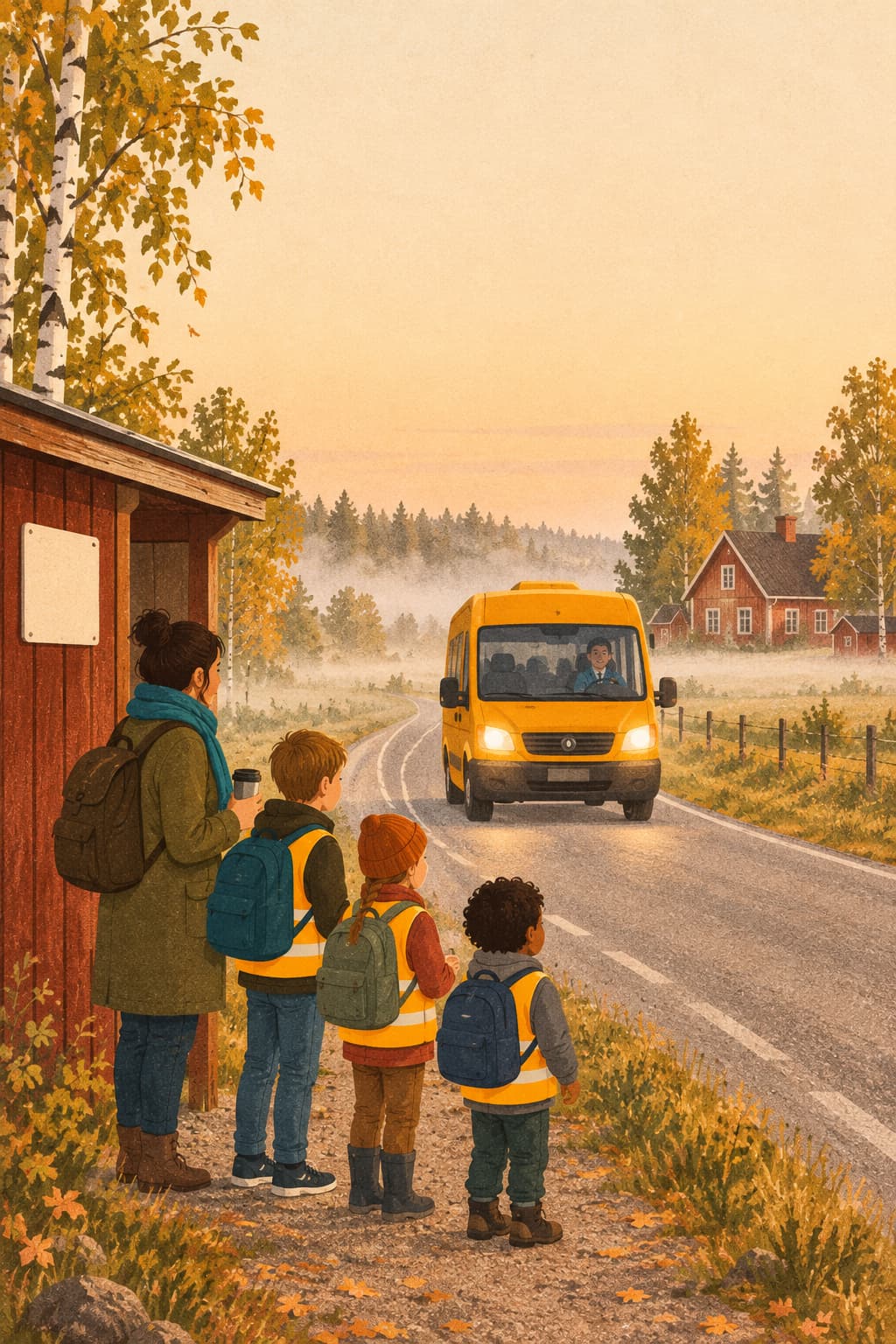 Tre barn i reflexvästar och en förälder väntar vid en hållplats på landet medan en gul skolskjutsbuss närmar sig i morgondiset.