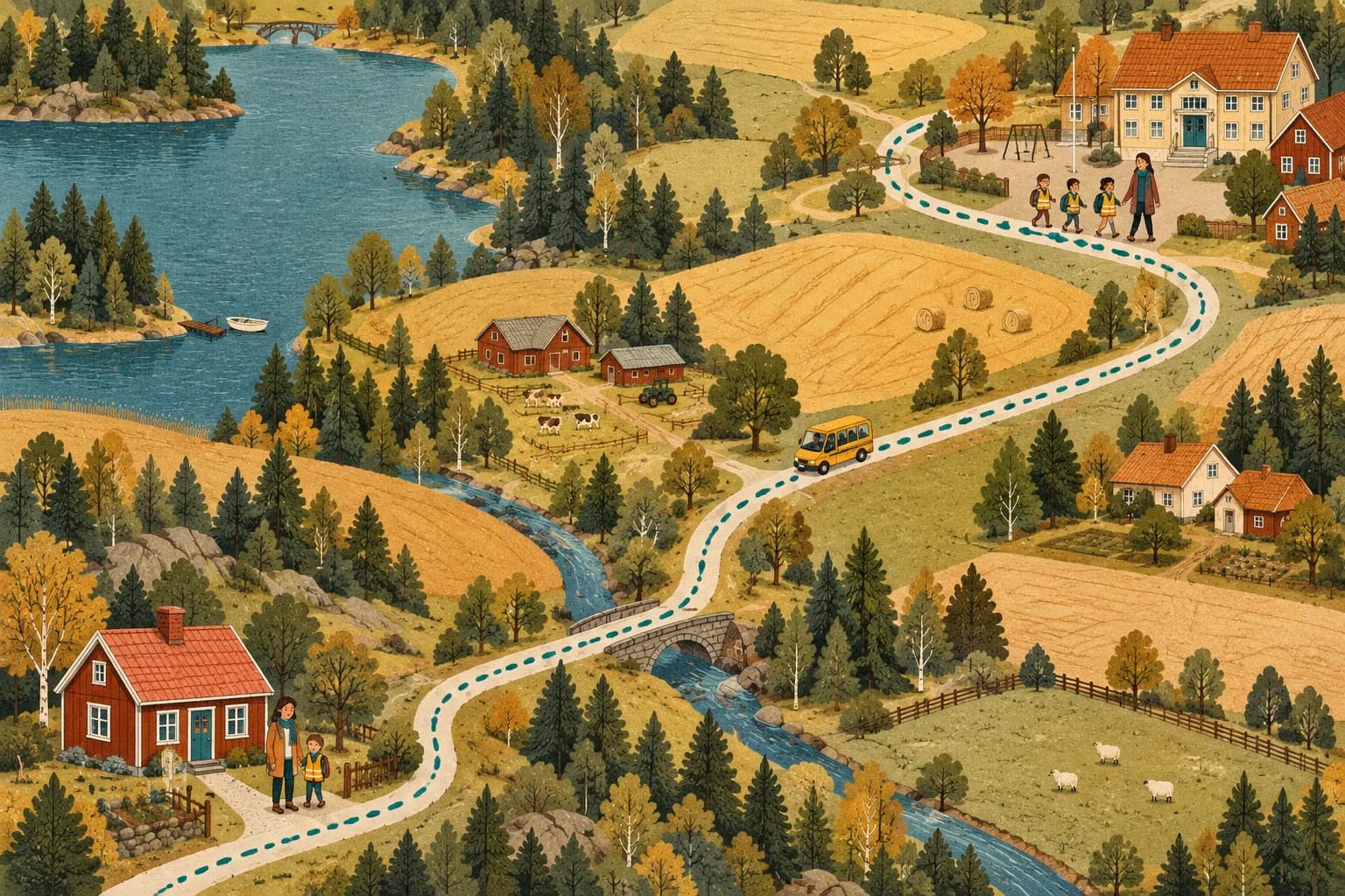 En karta i folkkonststil där en streckad petrolfärgad linje följer vägen från ett hus till en skola.